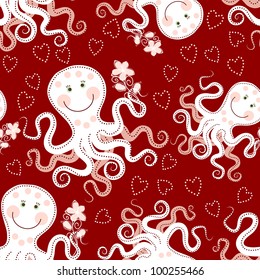 Seamless pattern with cute octopuses, flowers and hearts
