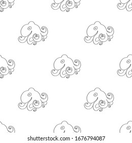 Seamless pattern of cute octopuses, hand drawn black doodle outline. Marine residents poulpe, ocean background for wrapping, scrapbooking paper, banner. Stock vector illustration isolated.