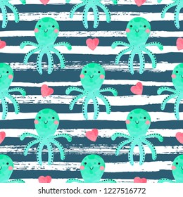 Seamless pattern with cute octopuses and hearts on a striped background. Illustration for children in a vector.