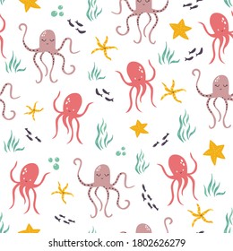 Seamless pattern with cute octopuses and starfishes. Vector illustration for textile, fabric, kids apparel.