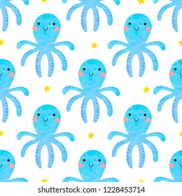 Seamless pattern with cute octopuses and stars on a white background. Illustration for children in a vector.