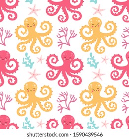 Seamless pattern of cute octopuses, underwater world on a white background. Vector baby print for packaging, fabrics, wallpapers, textiles.