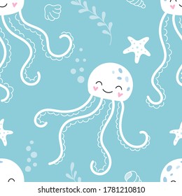 Seamless pattern of cute octopuses, underwater world. Vector baby print for packaging, fabrics, wallpapers, textiles.