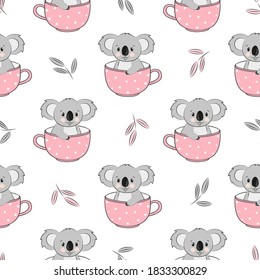Seamless pattern with cute on koala bears in cups. Baby print