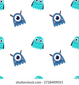 Seamless pattern with cute one-eyed monsters in soft blue tones. Playful flat vector illustration perfect for kids fabrics, wallpapers, wrapping paper, apps, games, stickers and fun branding