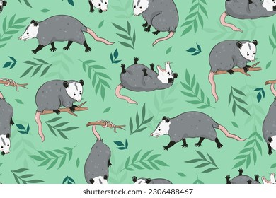 Seamless pattern with cute opossums and leaves. Vector graphics.