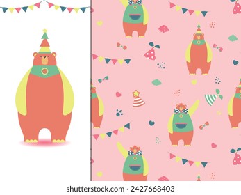 Seamless pattern with cute orange bear. Pink background. Vector illustration in funny cartoon style.