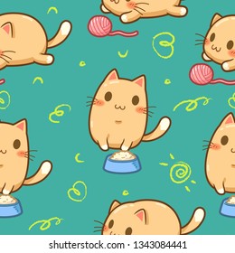 Seamless pattern cute orange cat, food and yarn, Yellow hand drawn line, green background - vector