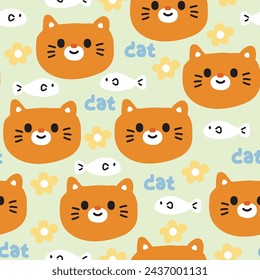 Seamless pattern of cute orange cat face head with fish and flower on pastel background.Pet animal character cartoon design.Meow lover.Kawaii.Vector.Illustration.