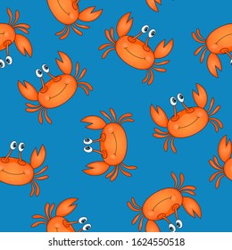 Seamless pattern with cute orange crab on blue background. Vector animals colorful illustration. Adorable character for cards, wallpaper, textile, fabric, kindergarten. Cartoon style.