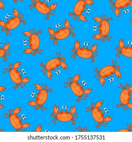 Nahtloses Muster mit süßer orangefarbener Krabbe auf blauem Hintergrund. Vektortiere bunter Illustration. Adorable Figur für Karten, Tapeten, Textilien, Stoff, Kindergarten. Cartoon-Stil.