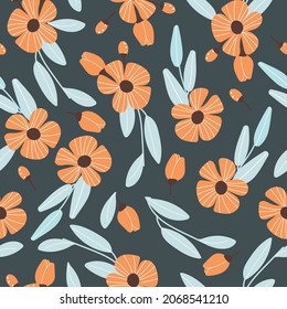 Seamless pattern with cute orange flowers and leaf on dark background for design, fabric and print