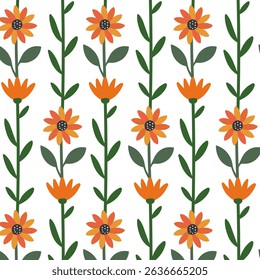 Seamless pattern with cute orange flowers in flat style. Hand drawn floral background with vertical rows.
