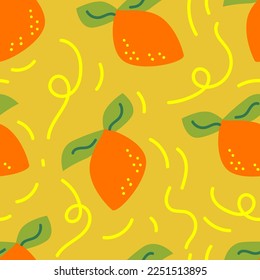 Seamless pattern with cute orange lemon fruits. Summer tropical vector background