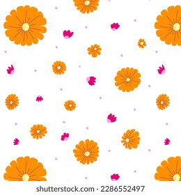 Seamless pattern with cute orange and pink flowers on white background. Print for textile or wrapping paper.