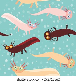 Seamless pattern Cute orange pink brown Axolotl Cartoon character on blue background in the aquarium  (Mexican salamander, Ambystoma mexicanum) aquarium animal. Vector