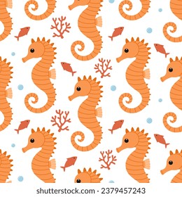 Seamless pattern with cute orange seahorses, seaweed, fish and bubbles. Vector flat illustration isolated on white background. Marine print with sea and ocean animals