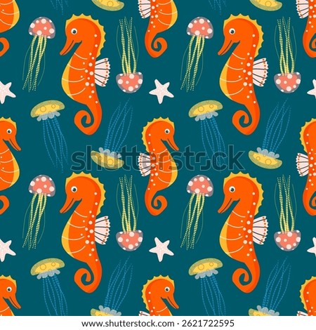 Seamless pattern with cute orange seahorses jellyfish and sea stars on blue background. Undersea world vector flat cartoon illustration for fabric, packaging, textile. Marine print with ocean animals.