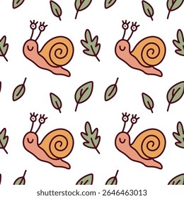 Seamless pattern with cute orange snails and falling leaves on white background. Decorative repeat design for children’s fabric and stationery