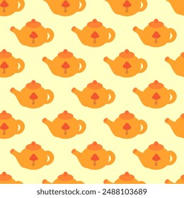 Seamless Pattern with Cute Orange teapot. Cozy fall wallpaper. Vector flat illustration. Autumn concept background.