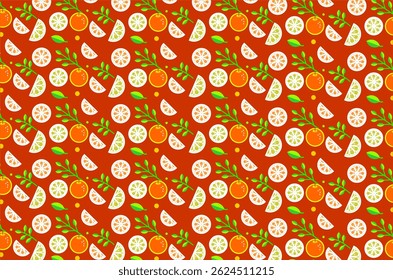Seamless pattern of cute oranges pattern featuring green leaves. Perfect for background, fabric, textile, packaging and other commercial needs.