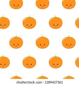 Seamless Pattern with Cute Oranges Fruit. Fresh Background with Stylized Citrus Fruits and Green Petals. kawaii