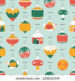 Seamless pattern with cute Сhristmas ornaments. Colorful glass bulbs for new year decorations. Baubles and ornaments set. Xmas holiday decor. Figures for fir-tree. Minimalistic flat hand-drawn style