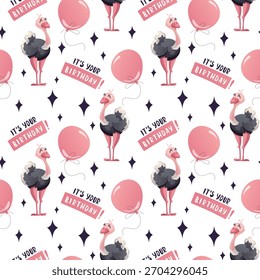 Seamless pattern with cute ostrich and balloons. Birthday concept. Vector illustration for scrapbooking, background, wrapping paper.