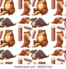 Seamless pattern with cute otter in different poses on white background illustration