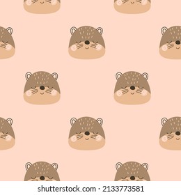 Patrón sin foco con una nutria linda sobre un fondo rosado polvoriento. Fondo digital beige con elementos dibujados a mano vectorial. Patrón sin fisuras para tela infantil, textil y papel de libro de recortes.