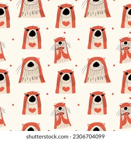 Seamless pattern with cute otters. Background with wild animals. Vector illustration in hand drawn style