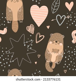 Seamless pattern with cute otters, hearts and abstract shapes on dusty black background. Animal digital background with vector hand drawn elements. Seamless pattern for kids fabric, textile.