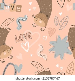 Seamless pattern with cute otters, hearts and abstract shapes on dusty pink background. Animal digital background with vector hand drawn elements. Seamless pattern for kids fabric, textile.