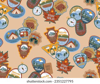 Seamless pattern Cute Outdoor Summer Camp Patches ,Badge Hand drawn and vector Illustration ,Design for fashion , fabric, textile, wallpaper , wrapping and all prints 