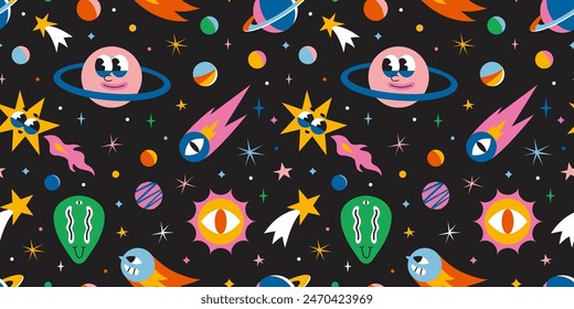 Nahtloses Muster mit niedlichen Elementen im Weltraum. Kosmischer Hintergrund mit lustigen Cartoon-Figuren, Alien, Planet, Komet und Sterne. Moderne Vektorillustration im Trend, handgezeichnet, flach