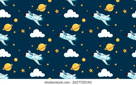 Seamless pattern with cute outer space elements. Cosmic background with funny cartoon characters, spaceships, clouds planet, comet and stars. Trendy modern vector illustration, hand drawn, flat design