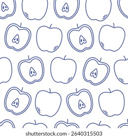 Seamless pattern with cute outline apples. Doodle  fruits print for banner, wallpaper, textile, wrapping paper, background, cards. Vector illustration in flat style
