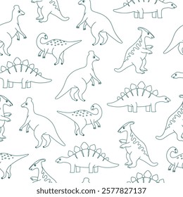 Seamless pattern with cute outline dinosaurs on white background. Template for print, fabric, wallpaper, wrapping paper. Vector illustration