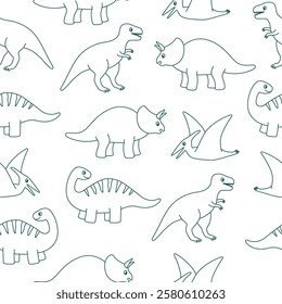 Seamless pattern with cute outline dinosaurs on white background. Template for print, fabric, wallpaper, wrapping paper. Vector illustration