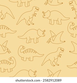 Seamless pattern with cute outline dinosaurs on beige background. Template for print, fabric, wallpaper, wrapping paper. Vector illustration