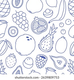 Seamless pattern with cute outline fruits and berries. Doodle print for banner, wallpaper, textile, wrapping paper, background, cards. Vector illustration in flat style