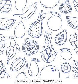 Seamless pattern with cute outline fruits and berries. Doodle fruits print for banner, wallpaper, textile, wrapping paper, background, cards. Vector illustration in flat style