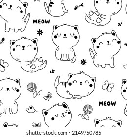 Seamless pattern with cute outline kittens on a white background. Great for fabric wrapping paper or scrapbooking.