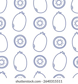 Seamless pattern with cute outline kiwi. Doodle fruits print for banner, wallpaper, textile, wrapping paper, background, cards. Vector illustration in flat style