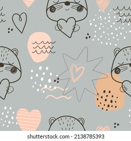 Seamless pattern with cute outline otters, hearts and abstract shapes on dusty blue background. Lovely digital background with vector hand drawn elements. Seamless pattern for kids fabric.
