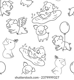 Seamless pattern with cute outline piglet character with wings and balloon. Hand drawn illustration isolated on white background. Funny Farm animal