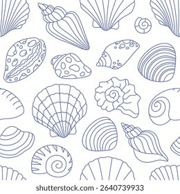 Seamless pattern with cute outline sea shells. Doodle print for banner, wallpaper, textile, wrapping paper, background, cards. Vector illustration in flat style