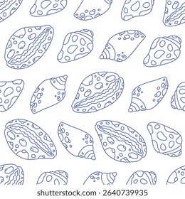 Seamless pattern with cute outline sea shells. Doodle print for banner, wallpaper, textile, wrapping paper, background, cards. Vector illustration in flat style