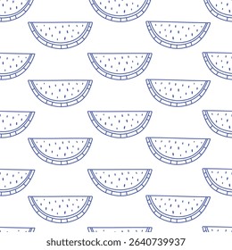 Seamless pattern with cute outline watermelon slices. Doodle fruits print for banner, wallpaper, textile, wrapping paper, background, cards. Vector illustration in flat style