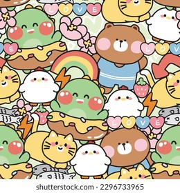 Seamless pattern of cute overlap animals sticker background.Dinosaur,bear,cat,hen,fish hand drawn.Baby clothing hand drawn.Kawaii.Vector.Illustration.